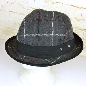 Y2K Ben Sherman Fedora Hat Men L/XL Gray Plaid Wool Black Band Emo Grunge Preppy